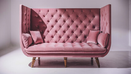 Wall Mural - A charming pink sofa featuring plush tufted cushions and sleek wooden legs is set against a white backdrop.
