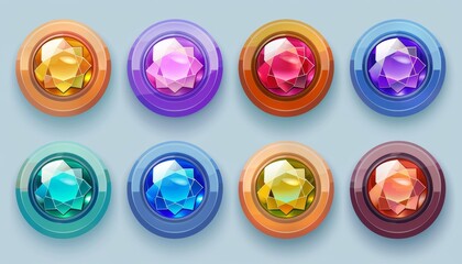 Wall Mural - A set of colorful game level frames each isolated on a background includes cartoon round user interface avatar borders with circle icons and colorful gemstones. This vector illustration is ideal for