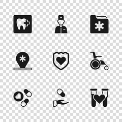 Sticker - Set Medical prescription, Wheelchair for disabled person, Test tube with blood, Immune system, health record folder, Dental clinic location, Male doctor and Location hospital icon. Vector