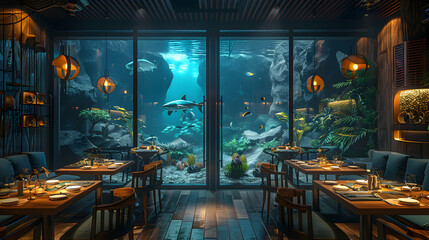 Wall Mural - Eco Friendly Seafood Restaurant Experience Showcased in High Resolution Image with Glossy Backdrop on Adobe Stock