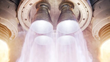 large rocket engine ignition. powerful and hot flames burst out of the nozzle after initial impulse.