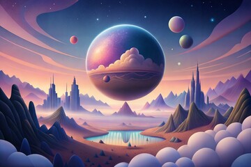 Wall Mural - fantastic planet and planets of space and planets, solar system, fantastic landscape, illustration, vector, art, design, background, color style,