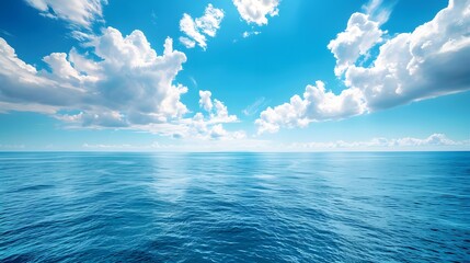 Wall Mural - blue sky and sea, blue ocean water, white clouds, clear horizon line, beautiful scenery, tranquil at