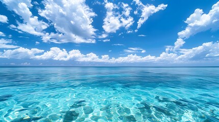 Wall Mural - blue sky and sea, blue ocean water, white clouds, clear horizon line, beautiful scenery, tranquil at