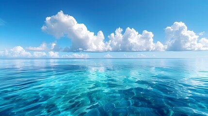 Wall Mural - blue sky and sea, blue ocean water, white clouds, clear horizon line, beautiful scenery, tranquil at