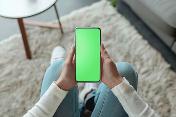 Woman using a Smart Phone with Green Screen. Back view of Girl wear Jeans sitting in Living room using Mobile Phone Chroma Key Screen. Caucasian Young Female is watching, looking at Greenscreen Phone