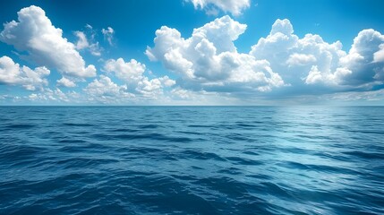Wall Mural - blue sky and sea, blue ocean water, white clouds, clear horizon line, beautiful scenery, tranquil at