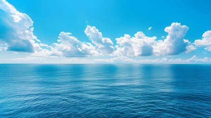 Wall Mural - blue sky and sea, blue ocean water, white clouds, clear horizon line, beautiful scenery, tranquil at