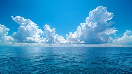 blue sky and sea, blue ocean water, white clouds, clear horizon line, beautiful scenery, tranquil at