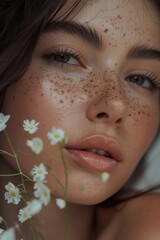 Wall Mural - Close up portrait of a woman with freckles. Suitable for beauty and skincare concepts