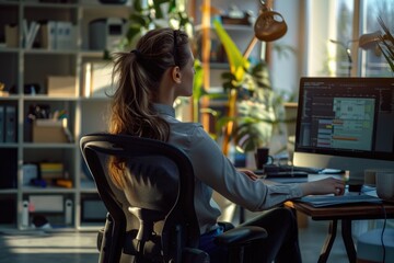 Wall Mural - Woman working on computer at desk, suitable for office concepts