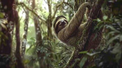 Wall Mural -   A sloth gracefully dangling from a forest canopy, surrounded by lush foliage and towering trees