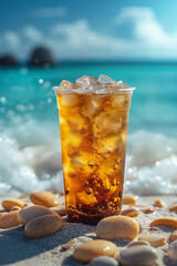 Wall Mural - A glass of iced tea is sitting on a beach with rocks around it