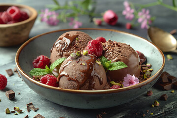 Sticker - A bowl of chocolate ice cream with raspberries and mint leaves