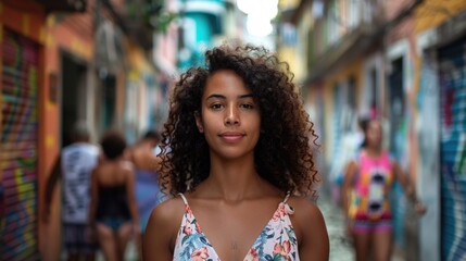 Canvas Print - A woman with curly hair standing in a narrow alleyway. Suitable for urban lifestyle concepts