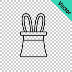 Canvas Print - Black line Magician hat and rabbit ears icon isolated on transparent background. Magic trick. Mystery entertainment concept. Vector