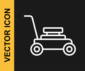 Poster - White line Lawn mower icon isolated on black background. Lawn mower cutting grass. Vector