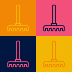 Poster - Pop art line Garden rake icon isolated on color background. Tool for horticulture, agriculture, farming. Ground cultivator. Housekeeping equipment. Vector