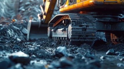 Sticker - Close-up of a construction vehicle on a pile of rocks, suitable for construction and industrial themes