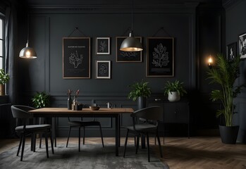 Real photo of a gray and black dining room interior with posters on a dark wall with molding, lamps above wooden table and plants on metal racks