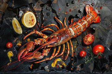 Poster - A large lobster displayed on a table with fresh tomatoes and lemons. Ideal for seafood restaurant promotions