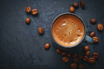 Wall Mural - Closeup of a steaming cup of espresso surrounded by scattered coffee beans on a dark background