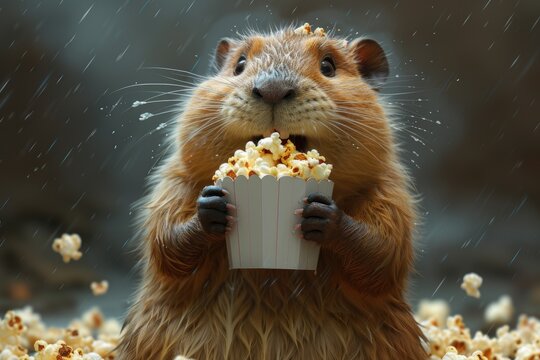 Cute happy cartoon beaver eating popcorn and watching 3d movie. entertainment and free time concept