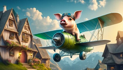 Wall Mural - airplane in the sky with a little sweet pig