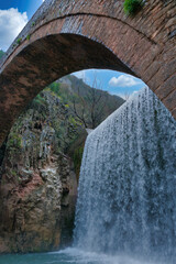 Wall Mural - marvelous medieval stone bridge with two river waterfalls, Trikala, Elati, Paleokarya Waterfalls