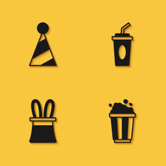 Poster - Set Party hat, Popcorn in cardboard box, Magician and rabbit ears and Paper glass with water icon with long shadow. Vector