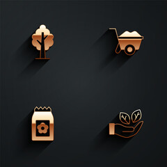 Sticker - Set Tree, Wheelbarrow, Pack full of seeds and Leaf in hand icon with long shadow. Vector