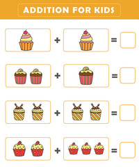 Wall Mural - Preschool addition worksheet with cute cupcake illustration. Math Activities for Kids. Math activities for toddlers to practice early math concepts.