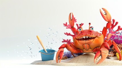 A 3D cartoon baby crab on the beach, carrying a small bucket and spade, with a sandy texture, playing near a colorful coral reef, isolated on white background