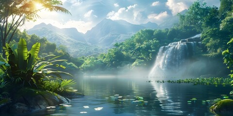 Canvas Print - Lush Tropical Jungle Landscape with Cascading Waterfall Mountain Backdrop and Serene Lake in Dreamlike Natural Paradise