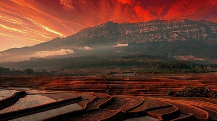 Wall Mural -   A stunning view of a mountain against a red sky, with water in the foreground and reflection on the mountain's peak