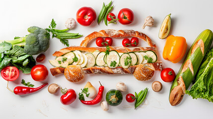 Wall Mural - Tasty bread, baguettes and fresh vegetables arranged in the shape of a car on a white background, studio photo