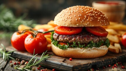 Wall Mural - Hamburger With Tomatoes and Lettuce on Cutting Board