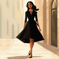 Front view of a woman dressed in a black dress with accessories walking on the street, illustration style