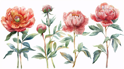 Wall Mural - Watercolor illustrations of floral elements, including blooming peonies and nature-inspired decorations, isolated on white background