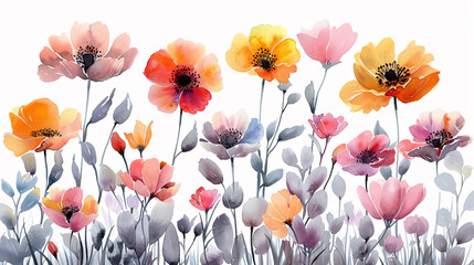 Wall Mural - Watercolor illustrations of floral elements, including blooming peonies and nature-inspired decorations, isolated on white background