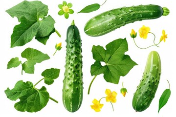 Poster - A group of cucumbers with leaves and flowers, perfect for food and agriculture concepts