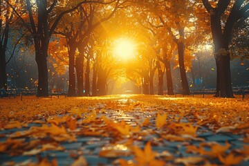 Wall Mural - Beautiful autumn landscape with yellow trees and sun. Colorful foliage in the park. Falling leaves natural background