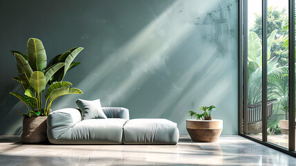 Wall Mural - 3D interior design of a contemporary living room with a white sofa, black chair, and green decor