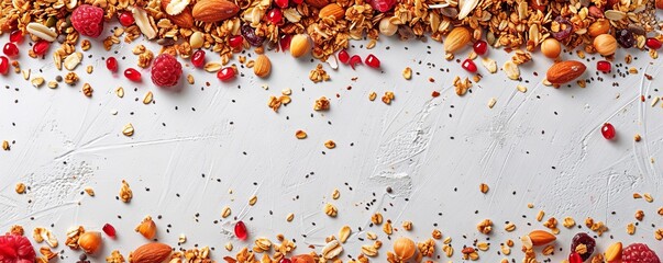 Wall Mural - flat lay composition of a wholesome breakfast with fruits, granola, and nuts on a minimalist white backdrop