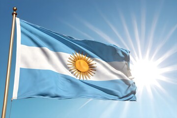 Wall Mural - Waving Argentine flag in the wind against background of blue sky with sunlight. The national flag of Argentina on the mast.