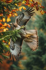 Canvas Print - A bird flying through the air near a tree. Suitable for nature and wildlife themes