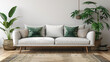 © wasan - 3D mockup of a modern living room with a white wall, green plants, and contemporary furniture