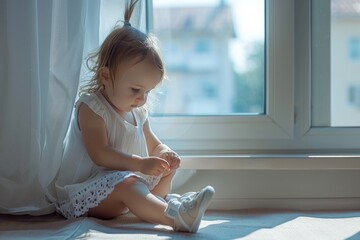 Wall Mural - A young girl sitting in front of a window. Suitable for various concepts