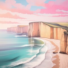 Canvas Print - Beautiful light pastel landscape background. Rocky cliffs, beach, the see and a dramatic sky. Watercolor effect.