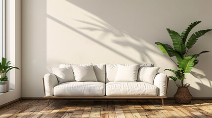 Wall Mural - 3D mockup of a modern living room with a white wall, green plants, and contemporary furniture